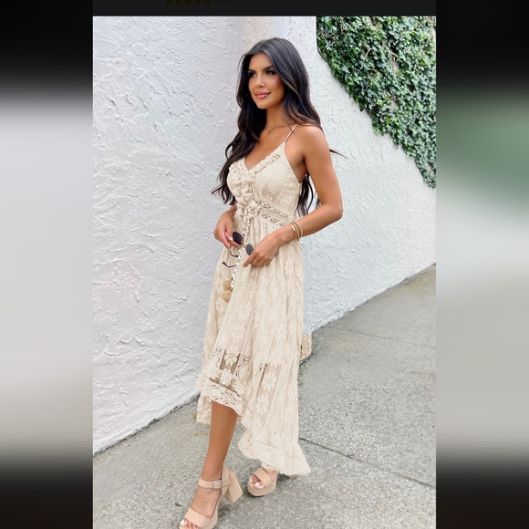 Astrid Sleeveless V-Neck Tassel Elegant Cream Lace Midi Dress_Small - Picture 2 of 9